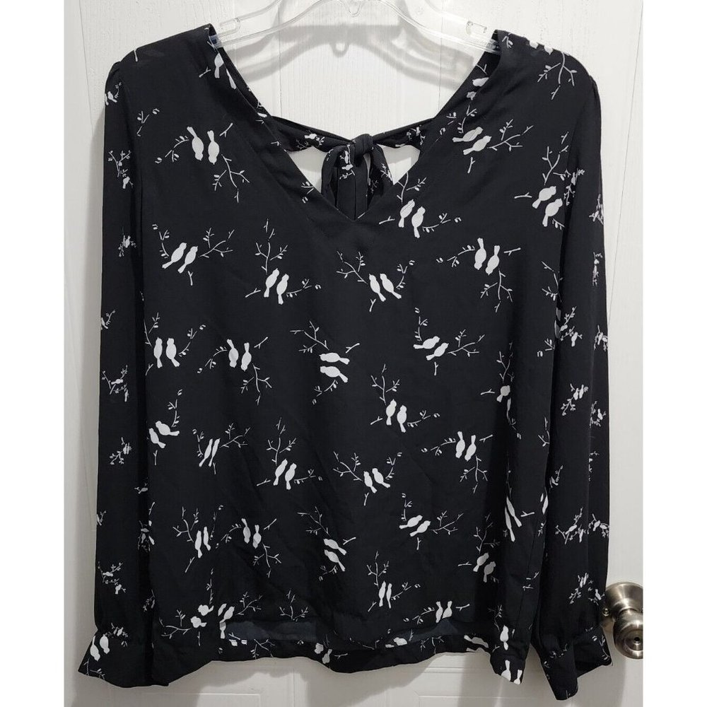 LOFT Women's Long Sleeve Blouse Top‎ Tie Back Black Peacock Bird Print Size M